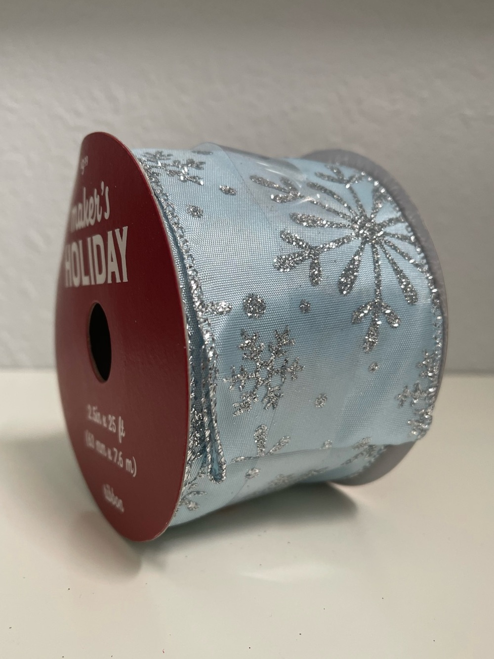 Ribbon Silver Snowflakes Blue 2.5in Wide 25ft Wire Edge Christmas Wreath Winter